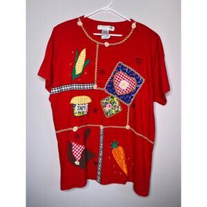 1990s Victoria Jones Farmer Garden Patchwork Whimsical Art To Wear Shirt 2X